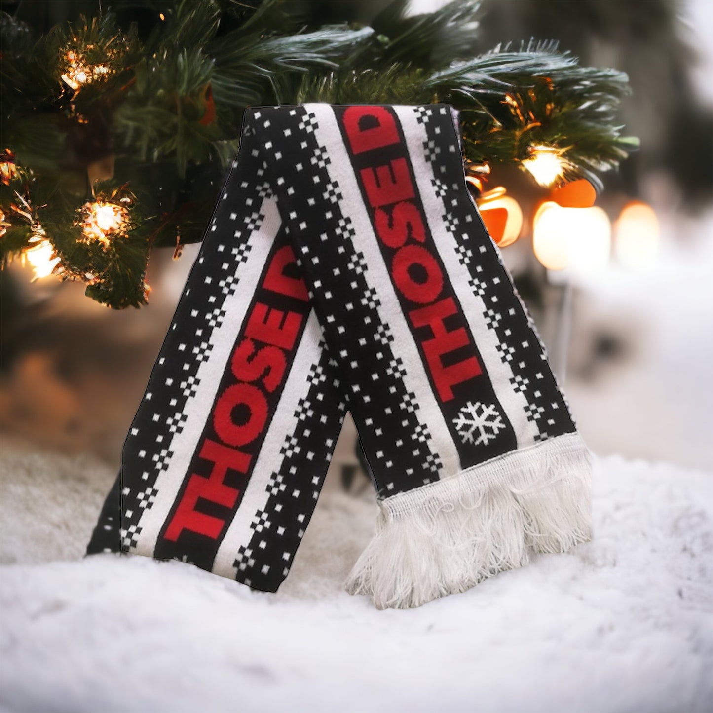 Those Damn Crows knitted Christmas scarf.